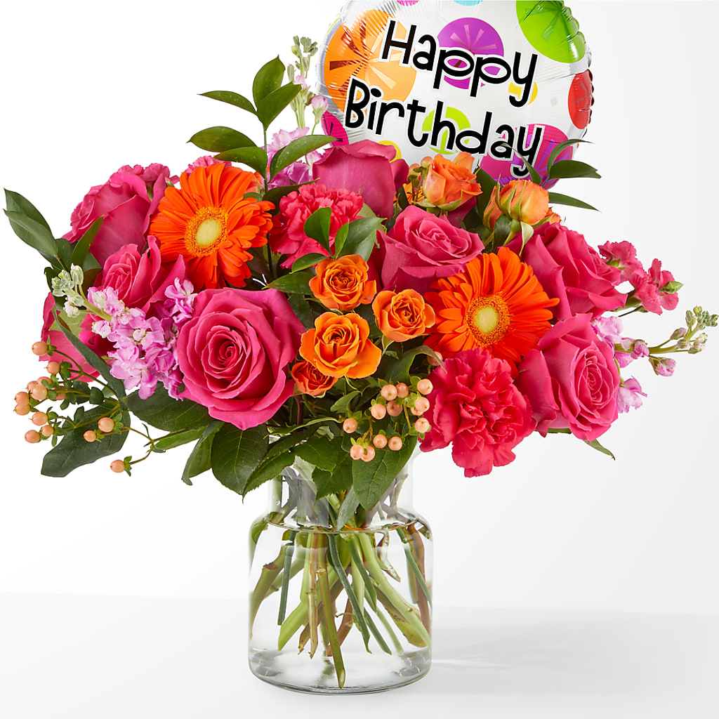 Fiesta Bouquet with Birthday Balloon – HELEN'S FLORIST AND GARDEN CENTER, Whitehouse Station NJ