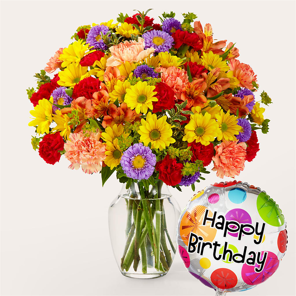Kaleidoscope Bouquet with Birthday Balloon – HELEN'S FLORIST AND GARDEN CENTER, Whitehouse Station NJ