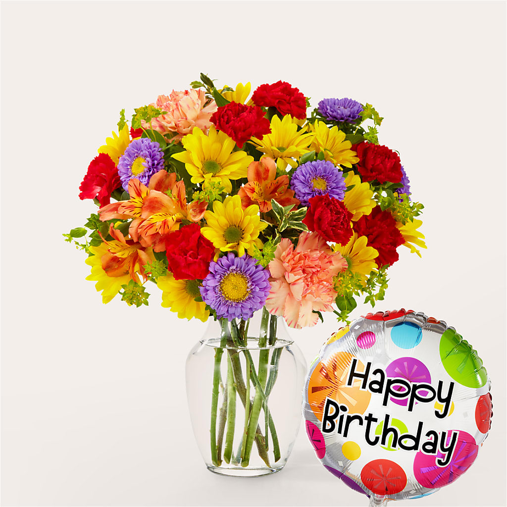 Kaleidoscope Bouquet with Birthday Balloon – HELEN'S FLORIST AND GARDEN CENTER, Whitehouse Station NJ