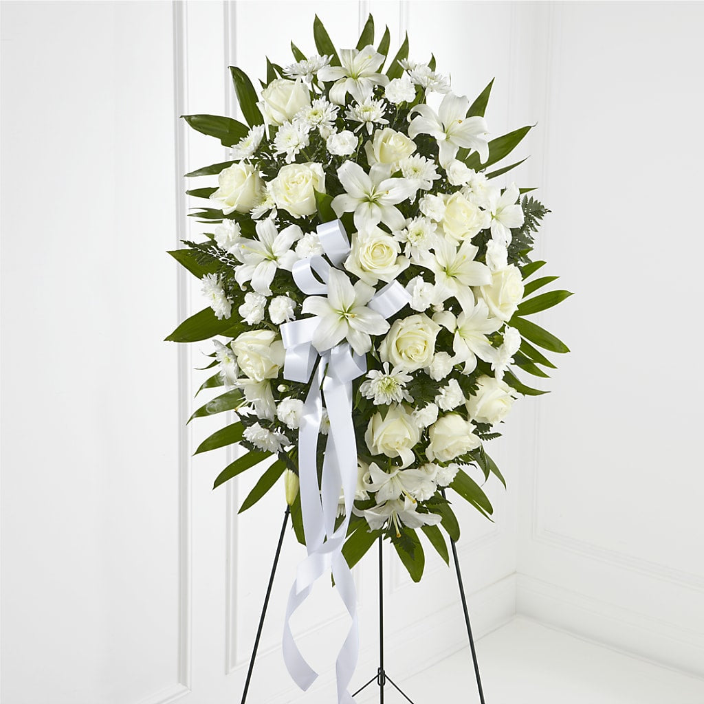 Exquisite Tribute Standing Spray-White Ribbon – HELEN'S FLORIST AND GARDEN CENTER, Whitehouse Station NJ