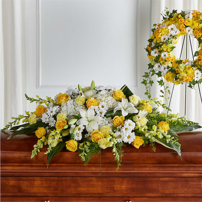 Golden Harmony Casket Spray – HELEN'S FLORIST AND GARDEN CENTER, Whitehouse Station NJ